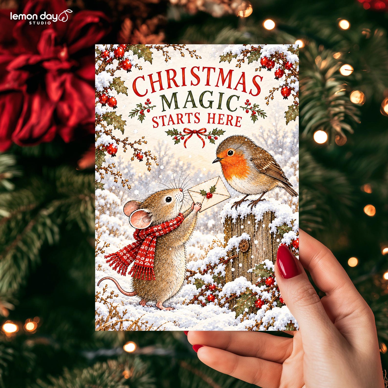 Lemon Day Studio woodland Christmas card artwork featuring a mouse, a robin and a festive letter.